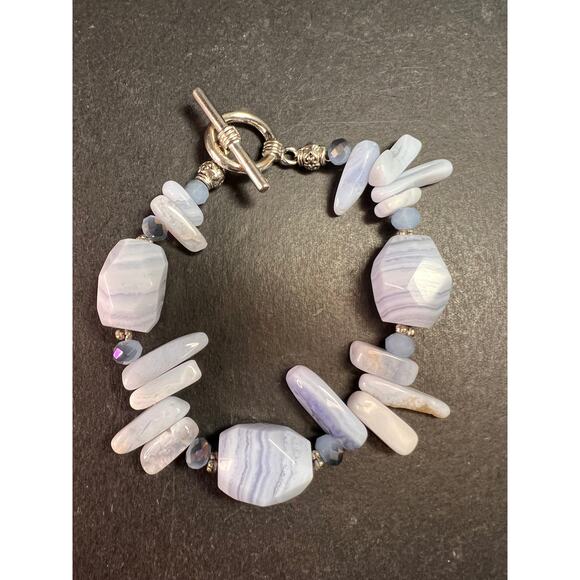 Blue Lace Agate Toggle Bracelet | Light Blue Gemstone Chip & Nugget Beads - Picture 1 of 10